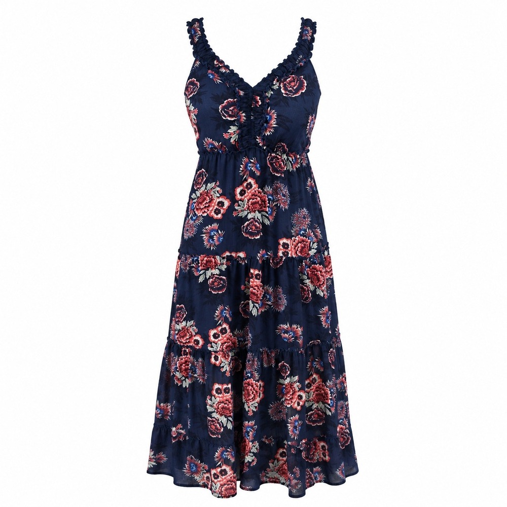 Womens XL Navy Floral Maxi Dress Boho Tiered Ruffle Sleeveless Festival